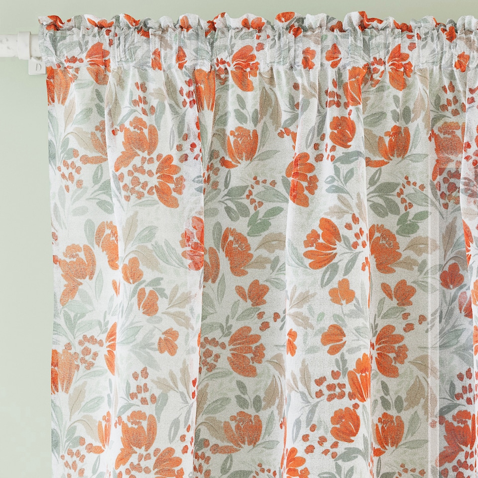 image 1 of Mia Burnt Orange Floral Print Sheer Voile Panels - Pair 140 x 122cm (55x48")