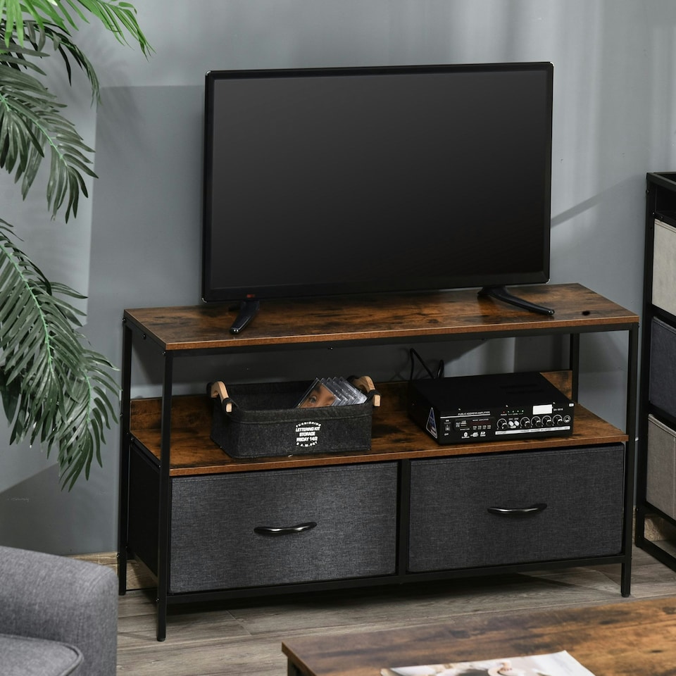 image 1 of HOMCOM TV Cabinet, TV Console Unit with 2 Foldable Linen Drawers Rustic Brown