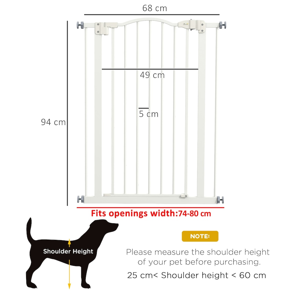 image 1 of PawHut 74-80cm Adjustable Metal Pet Gate Safety Barrier w/ Auto-Close Door White