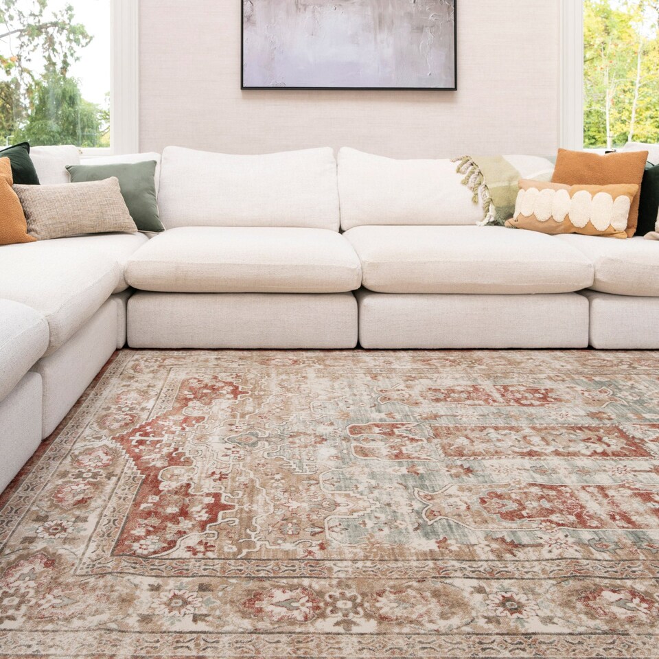 image 1 of KUKOON Selma Traditional Plush Rug – Warm Terracotta Distressed Living Room Carpet 160cm x 230cm