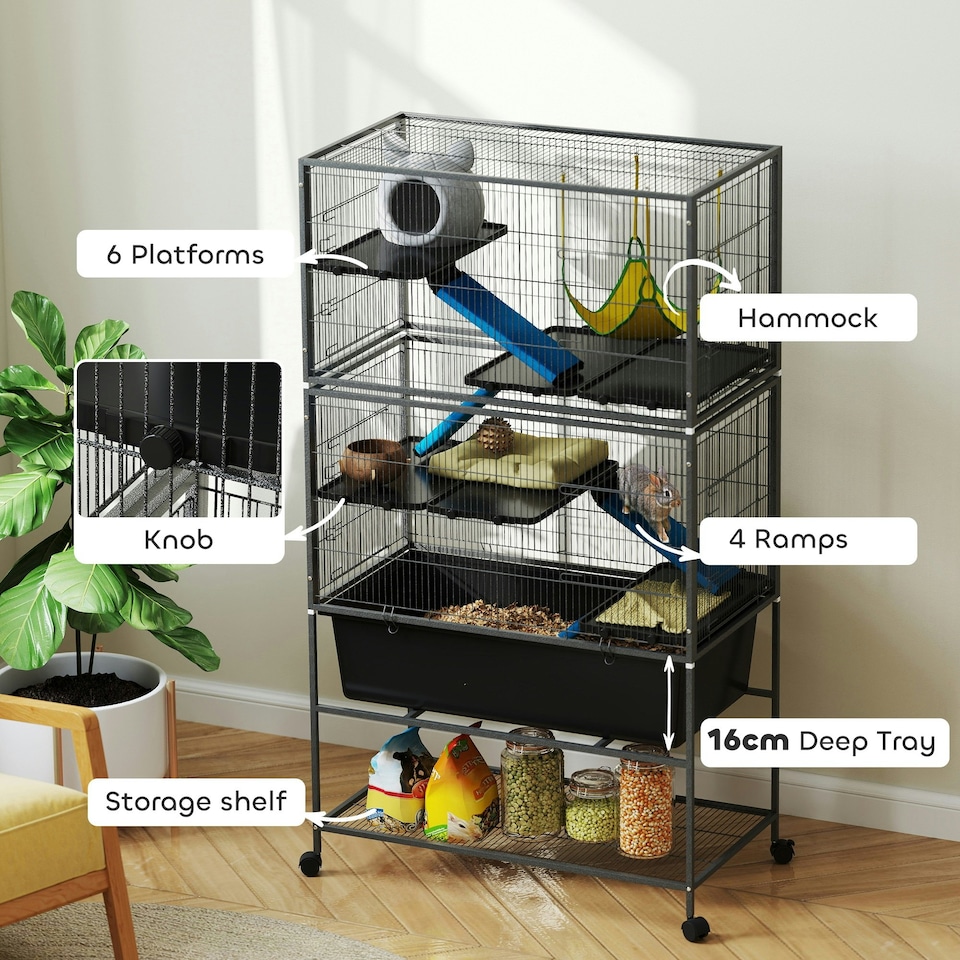 image 1 of PawHut 5 Levels Rolling Small Animal Cage with Non Slip Cloth Covered Ramps