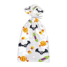 Cat & Pumpkin Theme Bats & Sweets Design Halloween Cello Gift Bags With Twist Ties - Pack of 20