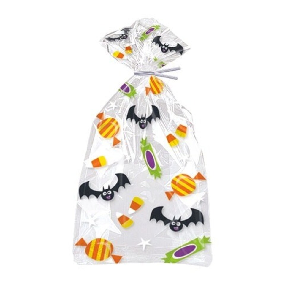 Cat & Pumpkin Theme Bats & Sweets Design Halloween Cello Gift Bags With Twist Ties - Pack of 20