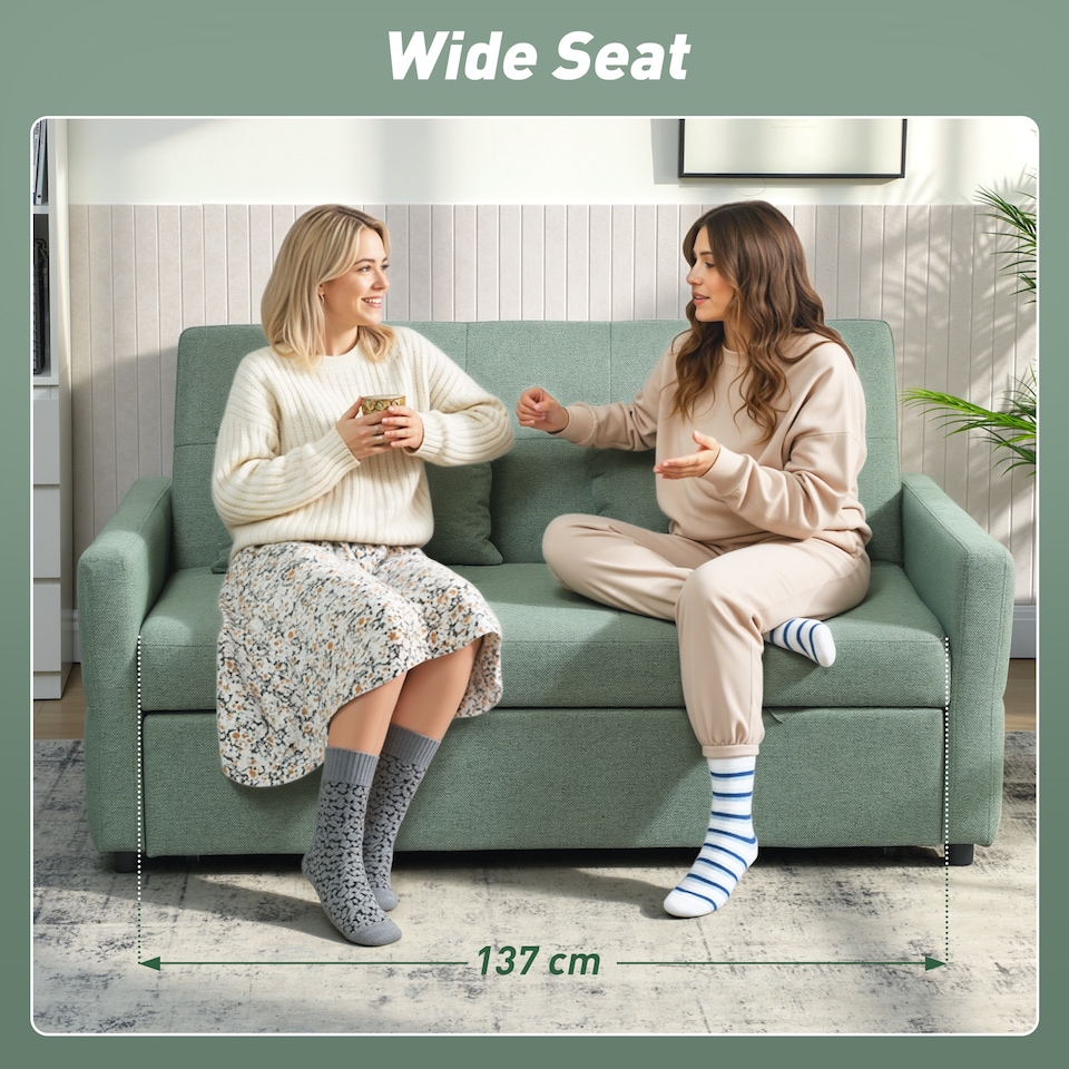 image 1 of HOMCOM 2 Seater Sofa Bed, Convertible Pull Out Bed Settee, Light Green