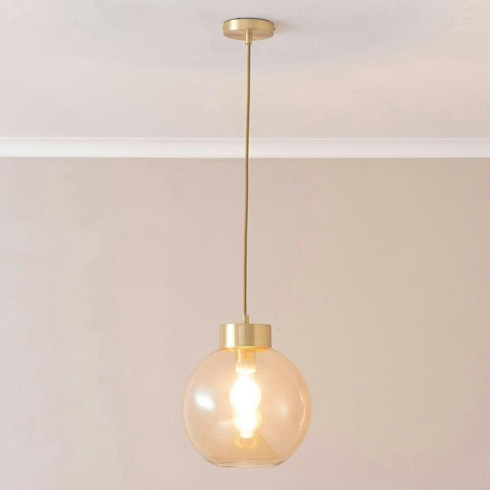 image 1 of ValueLights Bellamy Amber Glass Globe Brushed Gold Capped Ceiling Pendant Light Gold