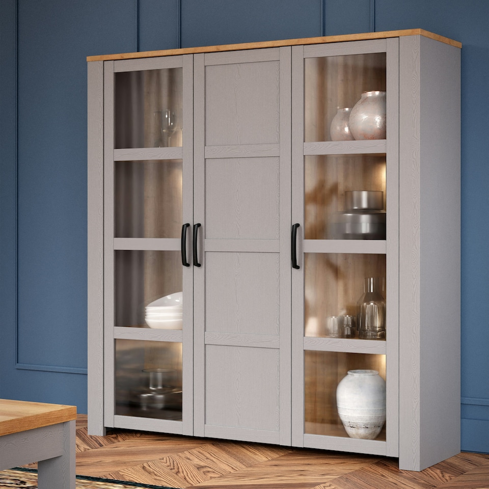 image 1 of Bohol Large Display Cabinet inc. 4x LED Lights in Riviera Oak/Grey Oak