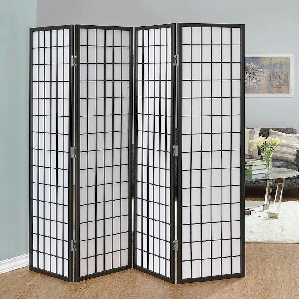 image 1 of Living and Home 4-Panel Solid Wood Folding Divider Screen - Black