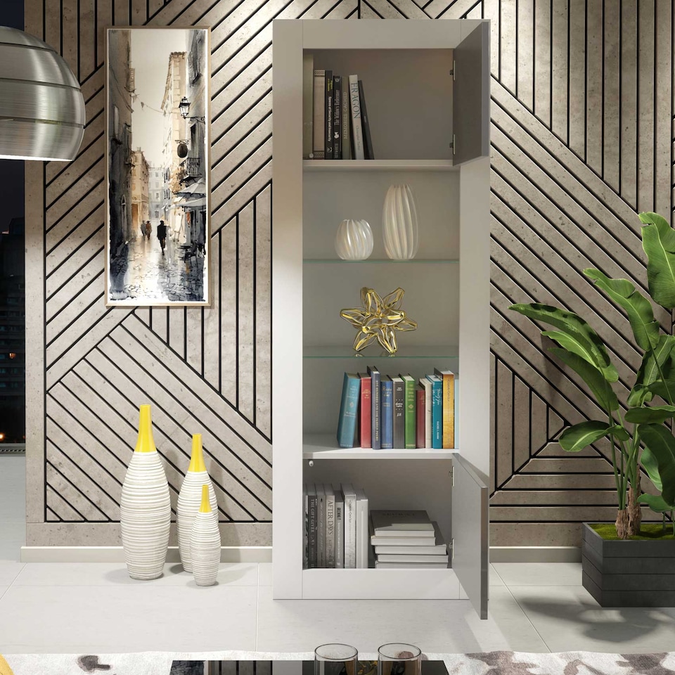 image 1 of Display Cabinet Bookcase Bookshelf Storage Cabinet Glass Display Unit White Grey High Gloss 170cm