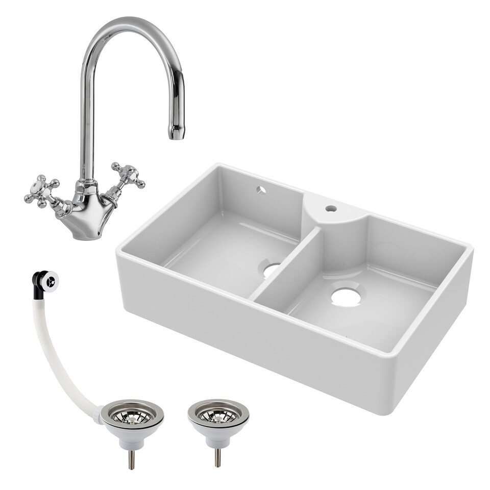 image 1 of Fireclay 895mm Double Bowl Butler Kitchen Sink - With Overflow, Mixer Tap & Wastes - Traditional Ceramic Belfast by Balterley