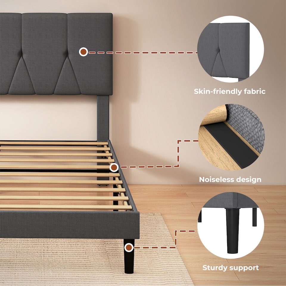 image 1 of Levede Double Bed Frame Upholstered Linen Fabric Wooden Slats with Headboard | Grey | Double | Double