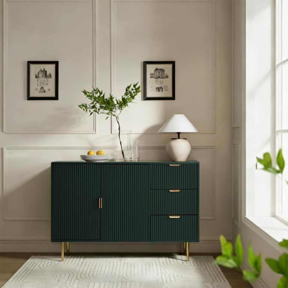 image 1 of OHS Ribbed Sideboard Table Modern Drawer Shelf Cabinet Storage