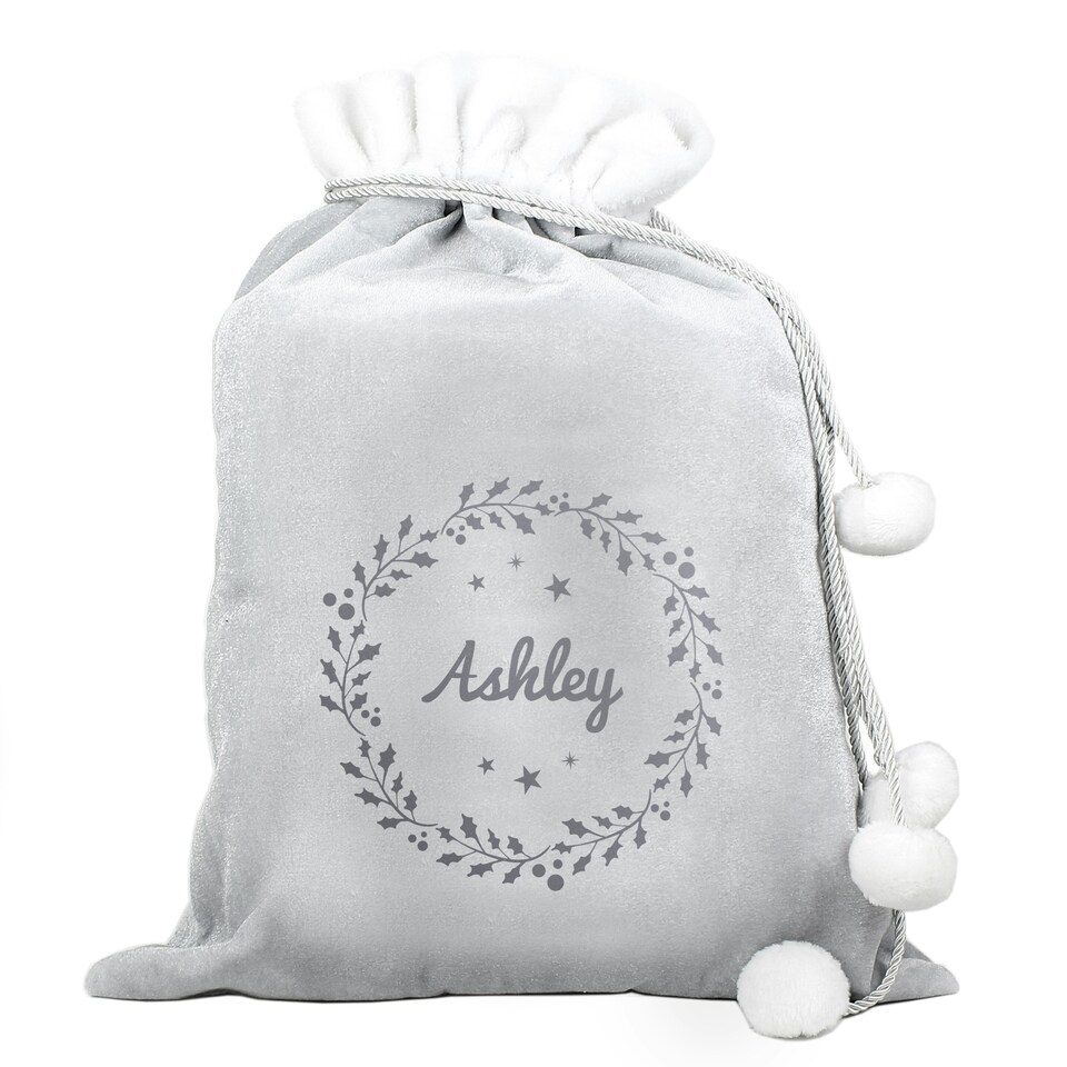 image 1 of Personalised Holly Grey Christmas Sack