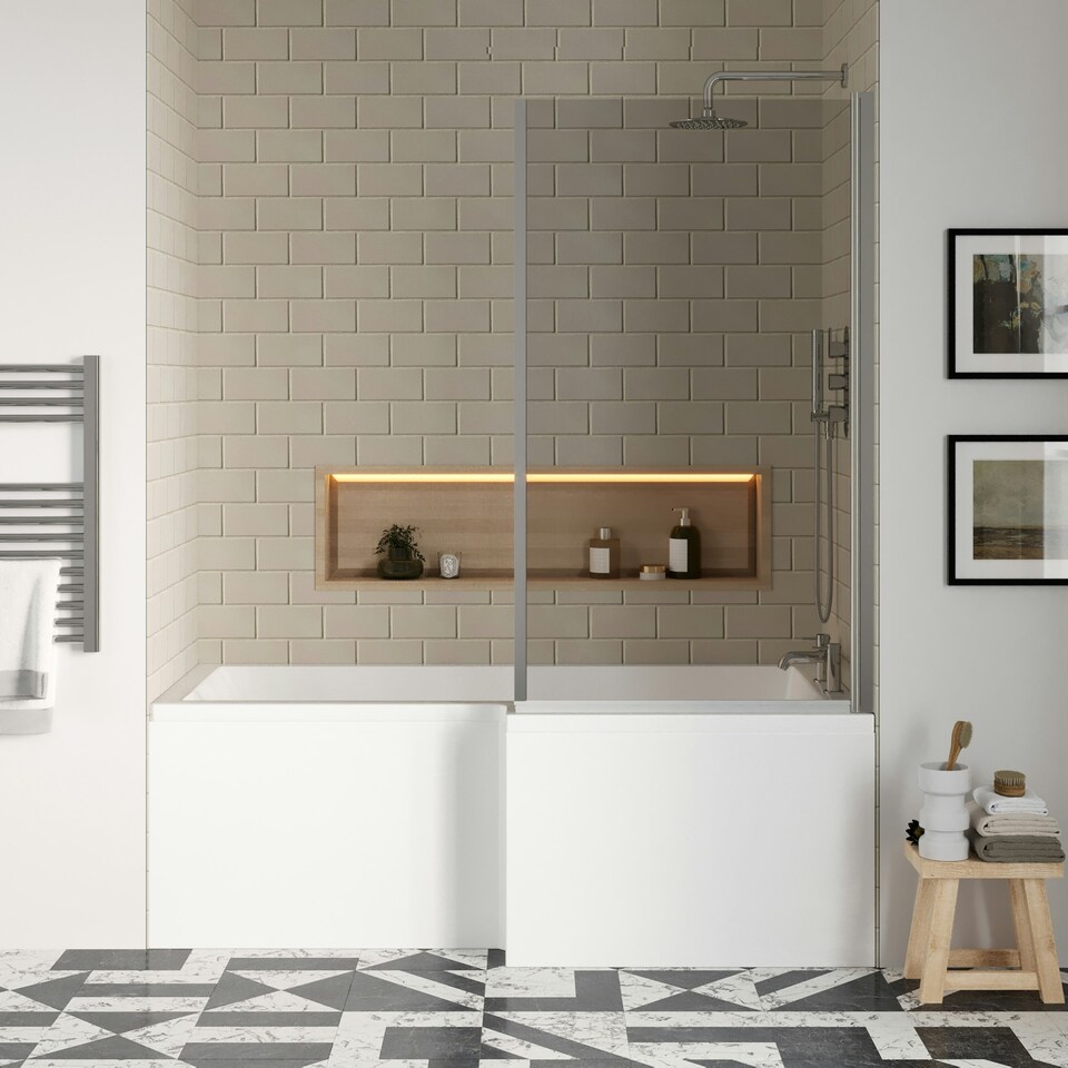 image 1 of 1700mm Right Hand L Shape Bathtub, Front Panel with Bath Screen - Chrome Profile White