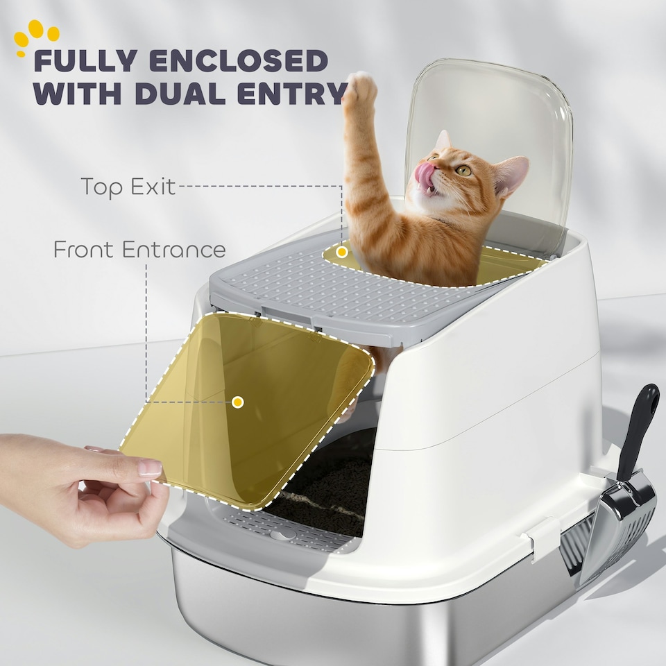 image 1 of PawHut Stainless Steel Litter Box, Enclosed Metal Cat Litter Tray with Scoop White | One Size