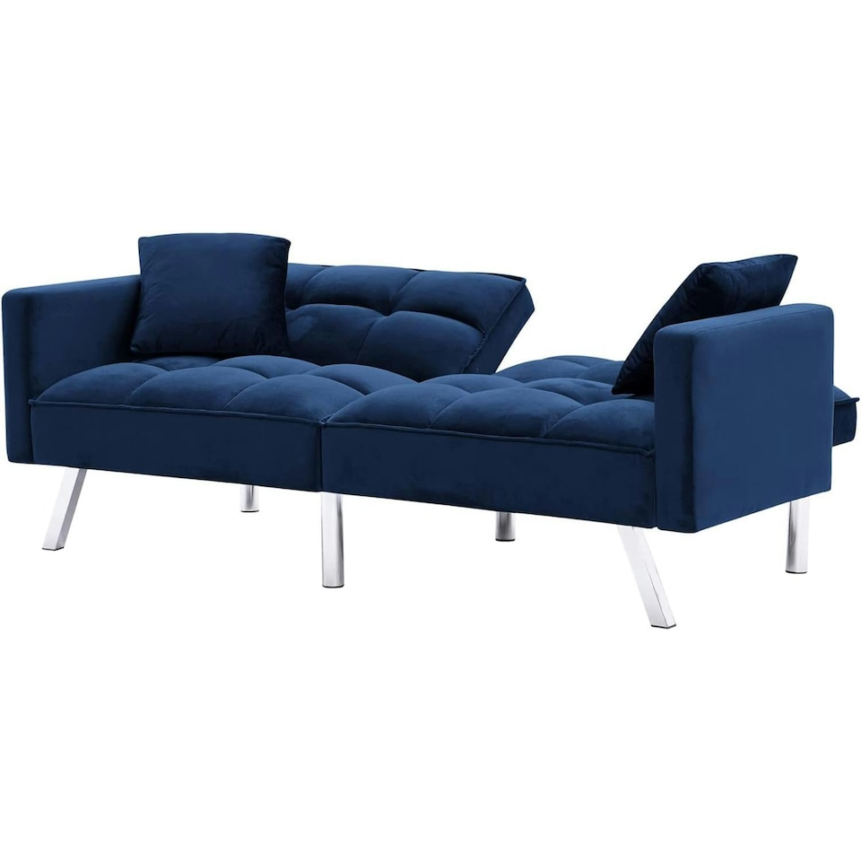 image 1 of Sofa Bed 2 Seater Blue Velvet Click Clack Sofa Settee Recliner Couch with Metal Legs 2 Pillows Blue