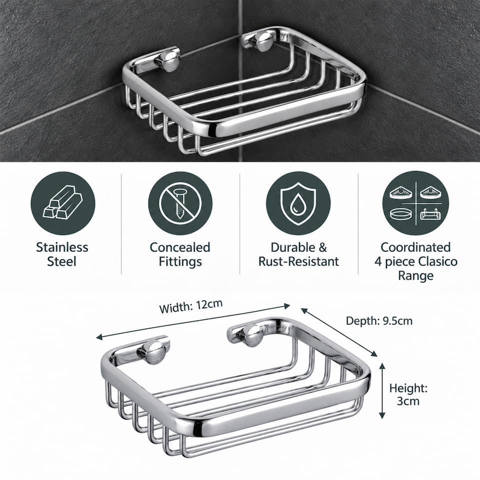 image 1 of Showerdrape Clasico Wall Mounted Stainless Steel Chrome Soap Basket | Silver | 1