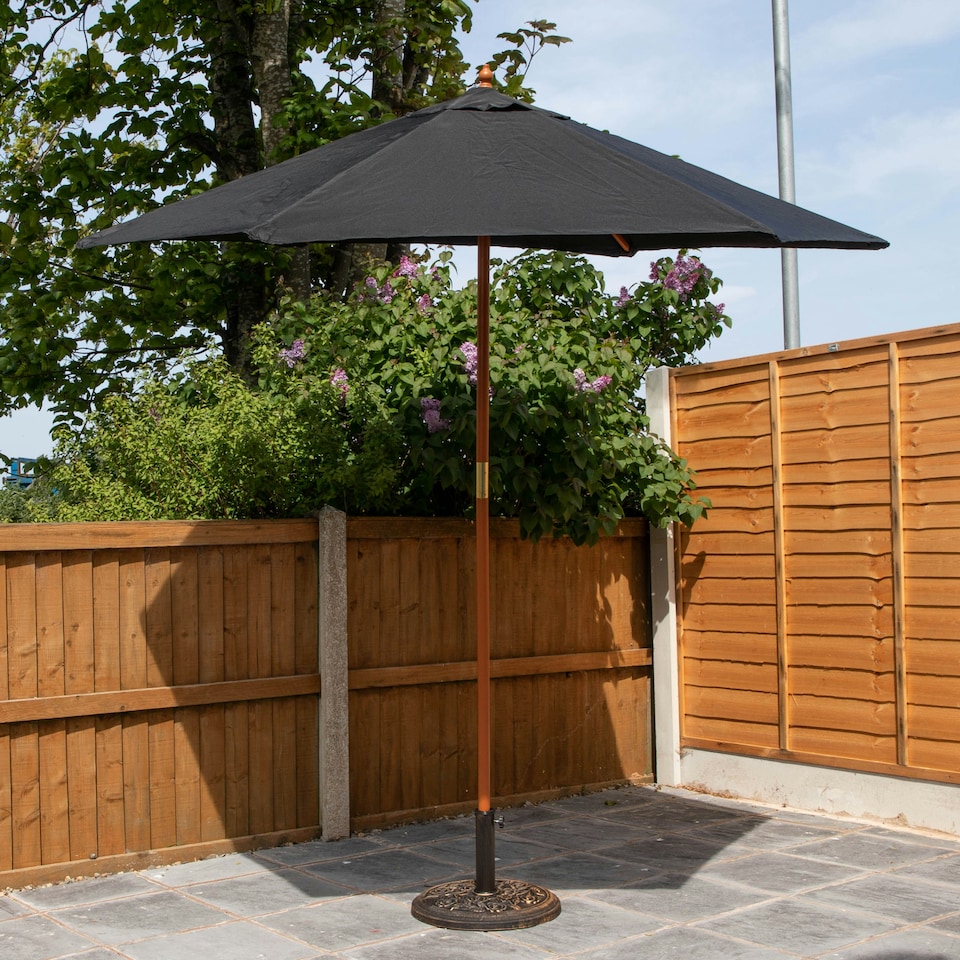 image 1 of 2.4m Wooden Garden Patio Sun Shade Parasol Shaft & Pulley in Black