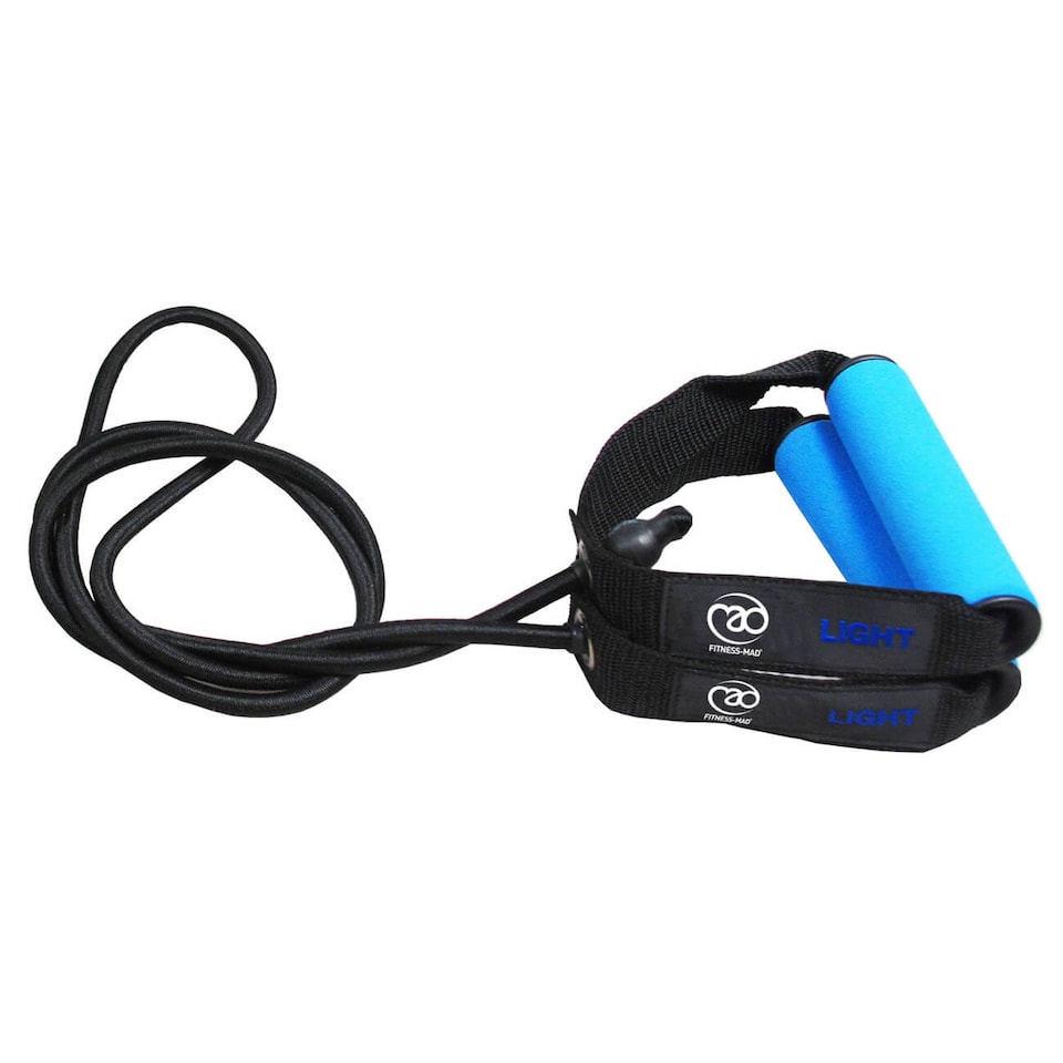 image 1 of Fitness Mad Resistance Tube — Light Blue Rubber Exercise Band with Foam Handles | Multi | LIGHT BLUE | 9483