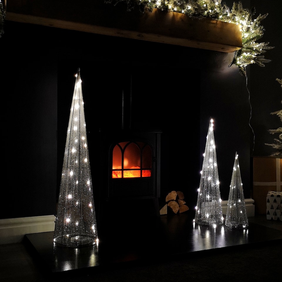image 1 of LED Tree Cone Obelisk Trio with 90 LEDs in Silver