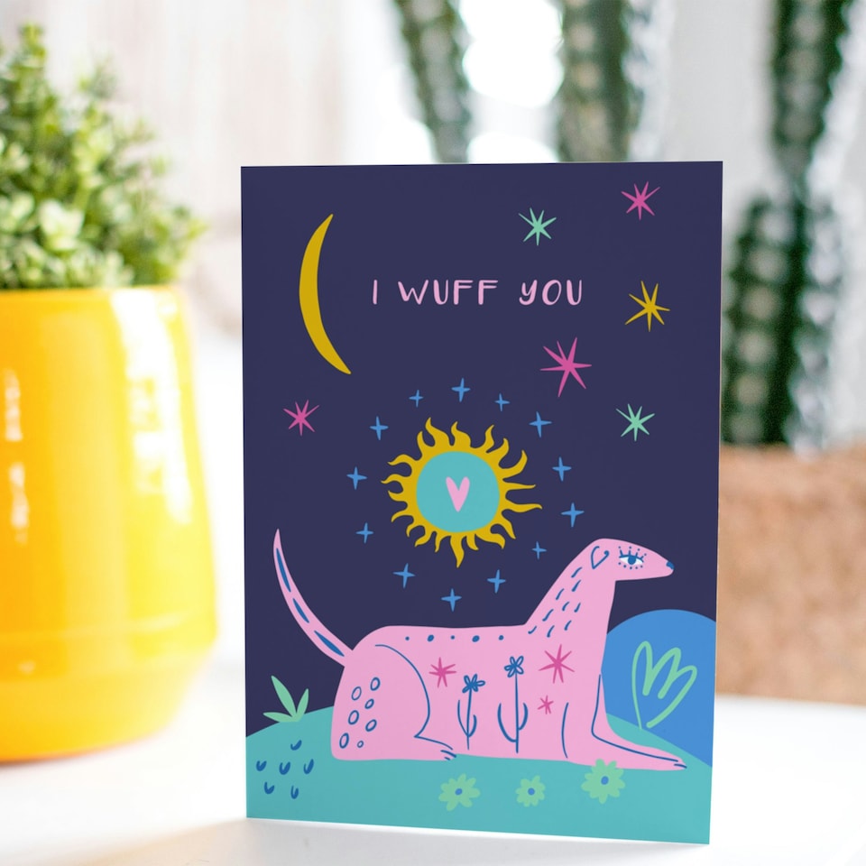 image 1 of Wuff You Pink Love Starry Sky Landscape Dog Anniversary Valentines Day Card