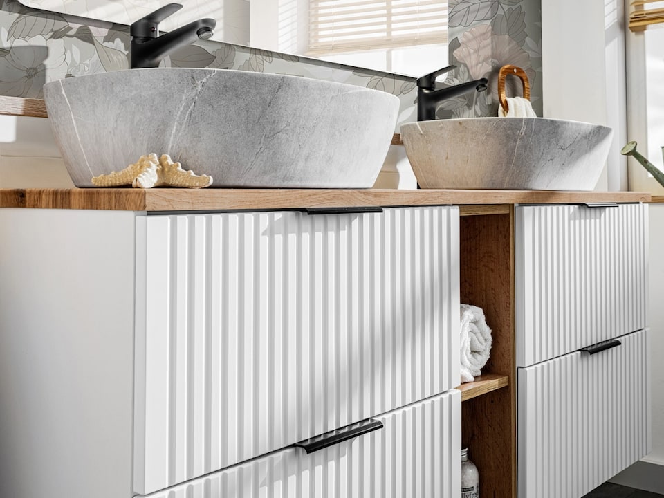 image 1 of Bathroom Vanity Unit 800mm Wall Hung Drawer Cabinet Ribbed Textured Fluted White Modern Floating Sink Unit Adel