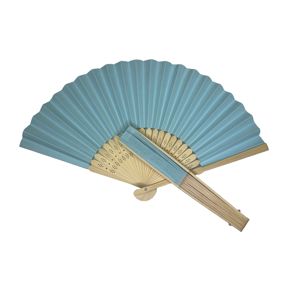 image 1 of Light Blue Paper Foldable Hand Held Bamboo Wooden Fan by Parev