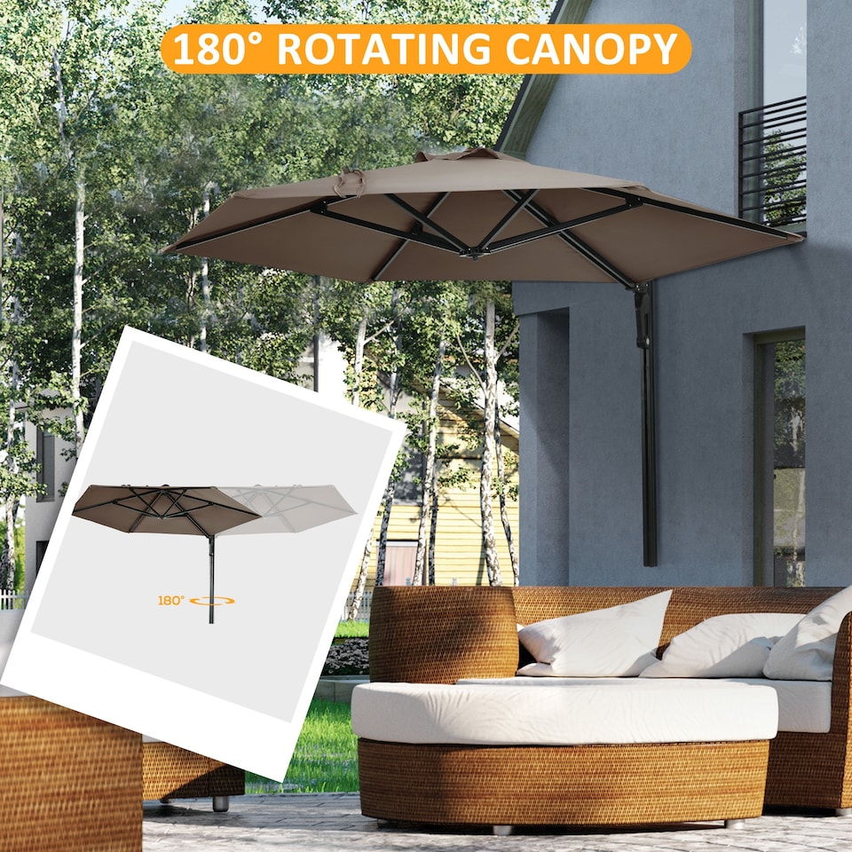 image 1 of Outsunny 2.5m Wall Mounted Parasol, Hand to Push Outdoor Patio Umbrella with 180 Degree Rotatable Canopy for Porch, Deck, Garden, 250 cm, Khaki