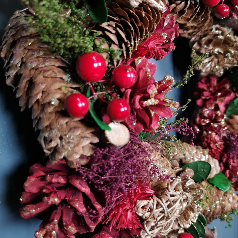 image 1 of 36cm Christmas Wreath in Gold & Red with Pine Cones and Berries