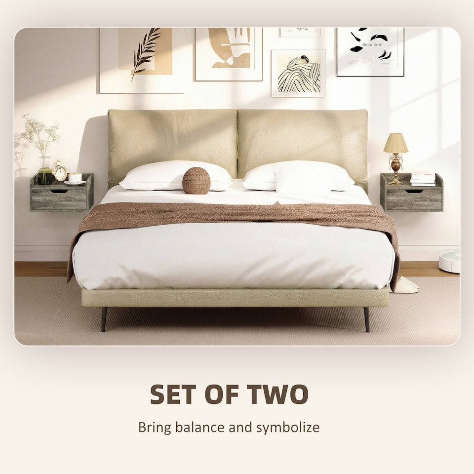 image 1 of HOMCOM Floating Nightstands Set of 2, Nightstand with Drawer | Grey | Natural wood | 40W x 30D x 19.5H cm