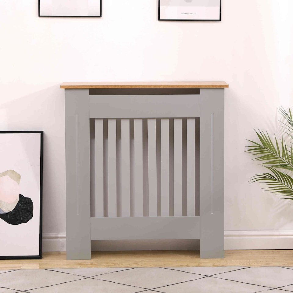 image 1 of Small Grey Wooden Slatted Grill Radiator Cover MDF Cabinet
