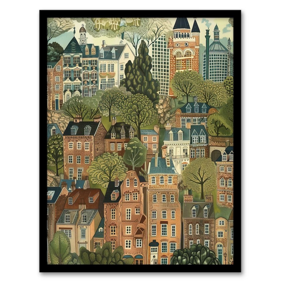 image 1 of Townhouses Trees Cityscape Living Room Black Framed Wall Art Print A4