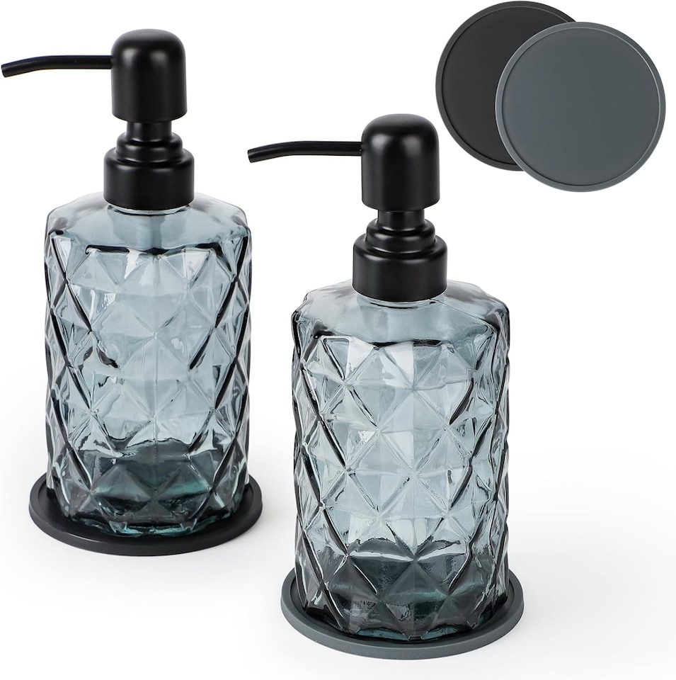 image 1 of Glass Soap Dispenser Set - 2 x 330ml Thick Glass Bottles with 304 Stainless Steel Pump & 2 Coasters - Refillable Hand Soap & Lotion Dispensers for Kitchen & Bathroom (Black)