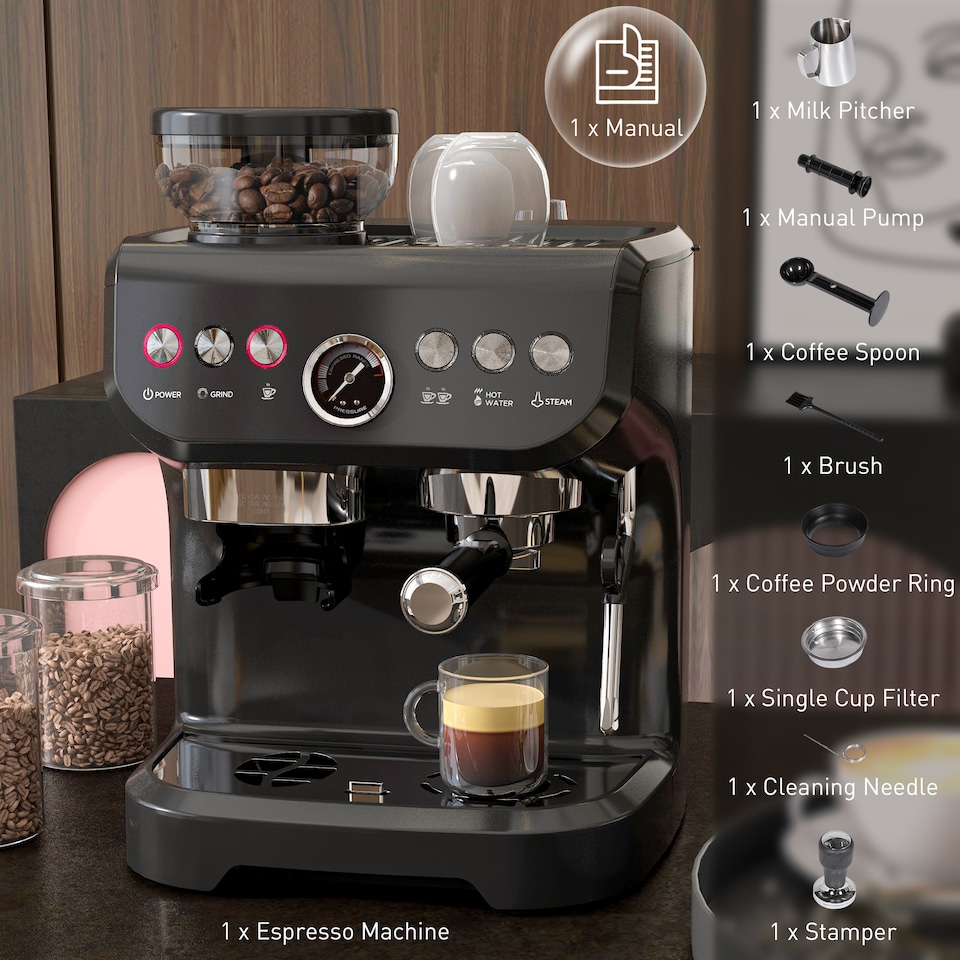 image 1 of HOMCOM Espresso Machine with Integrated Bean Grinder & Steam Wand, Bean to Cup Coffee Machine with 15 Bar Italian Pump, 2L Water Tank, Cappuccino Maker, Stainless Steel Black
