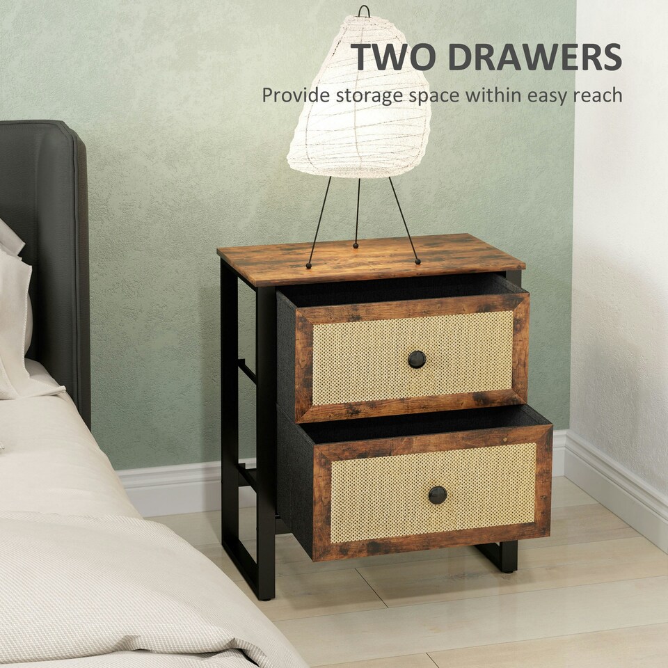image 1 of HOMCOM Bedside Table with 2 Rattan Drawers and Steel Legs, Rustic Brown