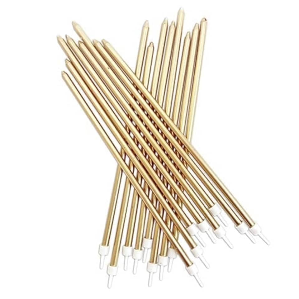 Metallic Gold Extra Tall Cake Candles With Holders 18cm - Pack of 16