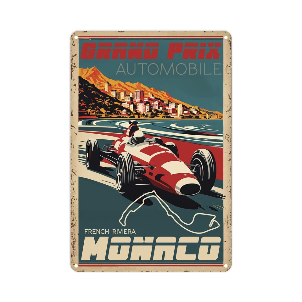 image 1 of Retro Race Poster Art Portrait Metal Wall Plaque - Home Décor Gift - Monaco