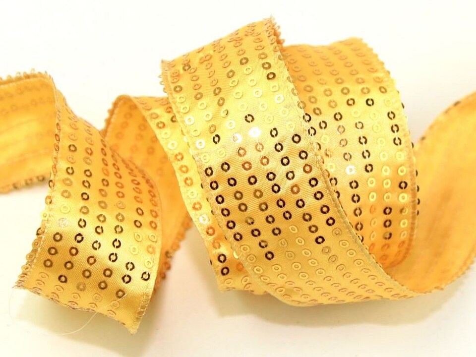 Minerva Gold 38mm Wired Edge Sequin Ribbon for Dressmaking - per 10 metre roll