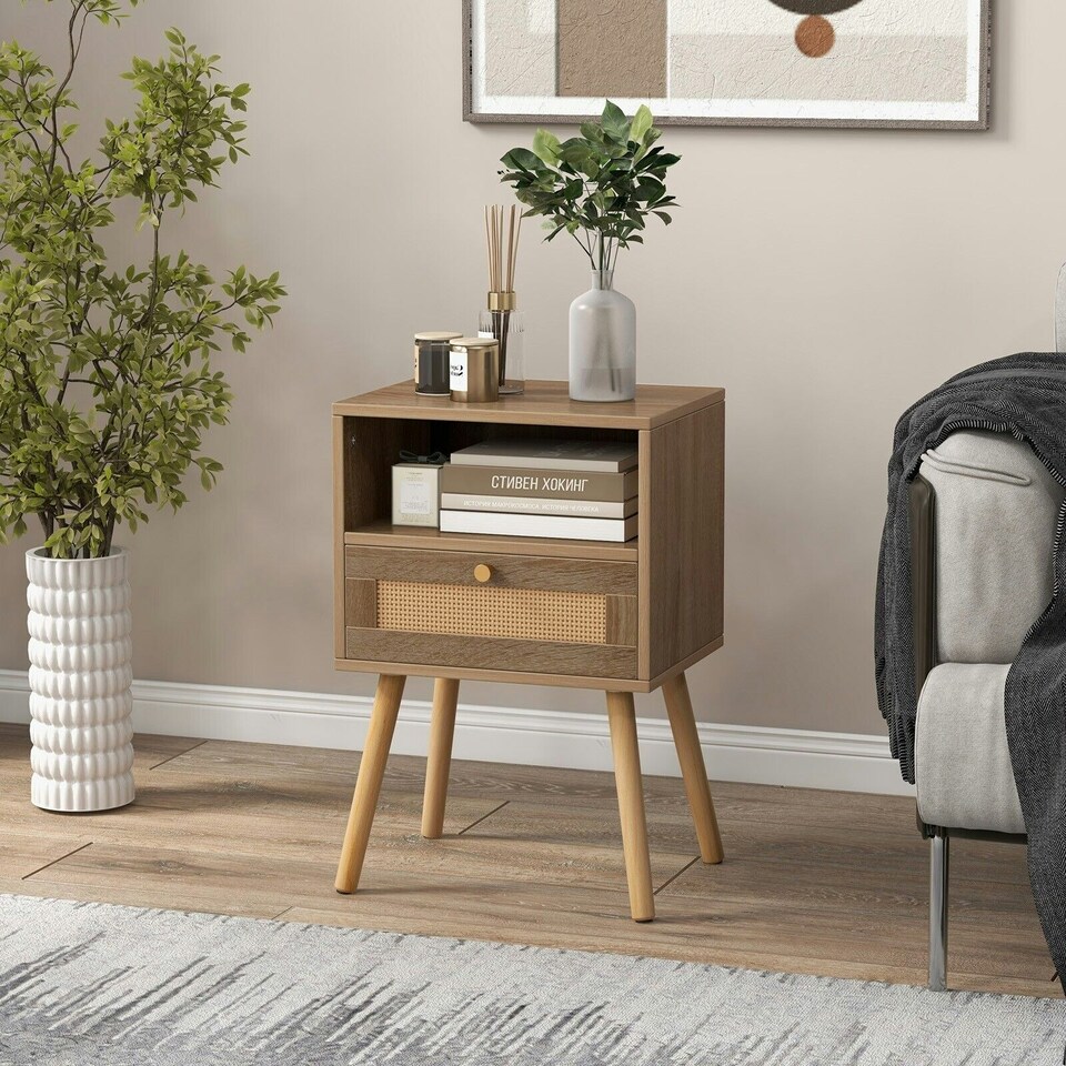 image 1 of COSTWAY 2 Pcs Rattan Nightstand Compact Bedside Table Brown