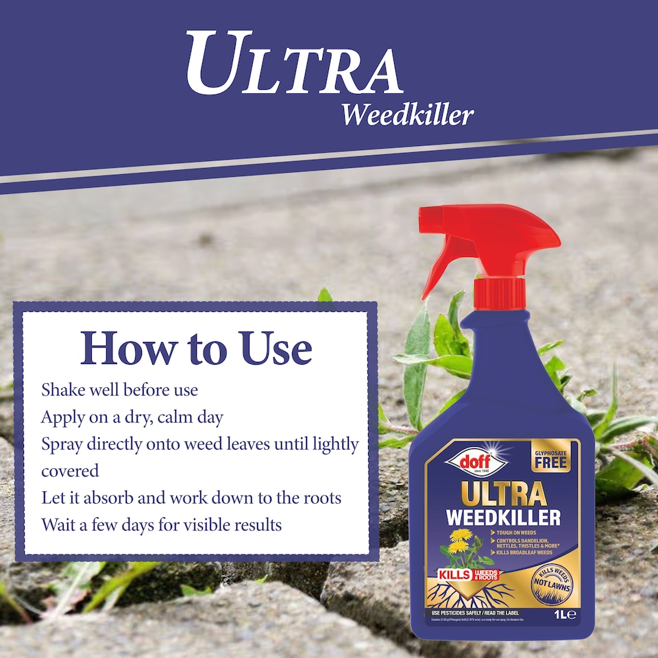 image 1 of Doff Ultra Weedkiller Glyphosate Free Systemic Weed Control for Tough Garden Weeds Path Drive Patio 1L