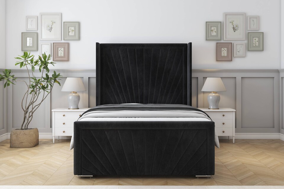 image 1 of Sloomy Rutherford Black Naples Bed Frame With Mattress With 50"  Upholstered Wingback Headboard 4' Small Double