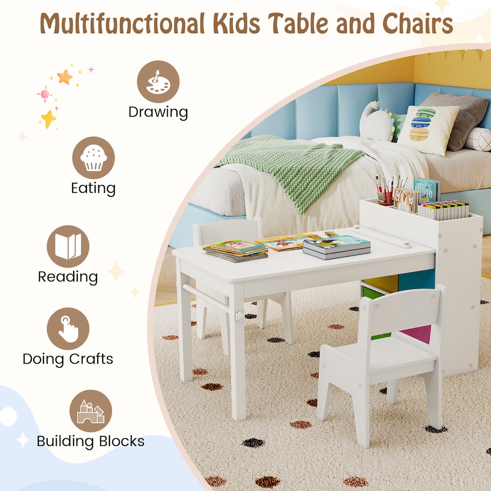 image 1 of COSTWAY Kids Art Table and Chairs Set with 2 Chairs White