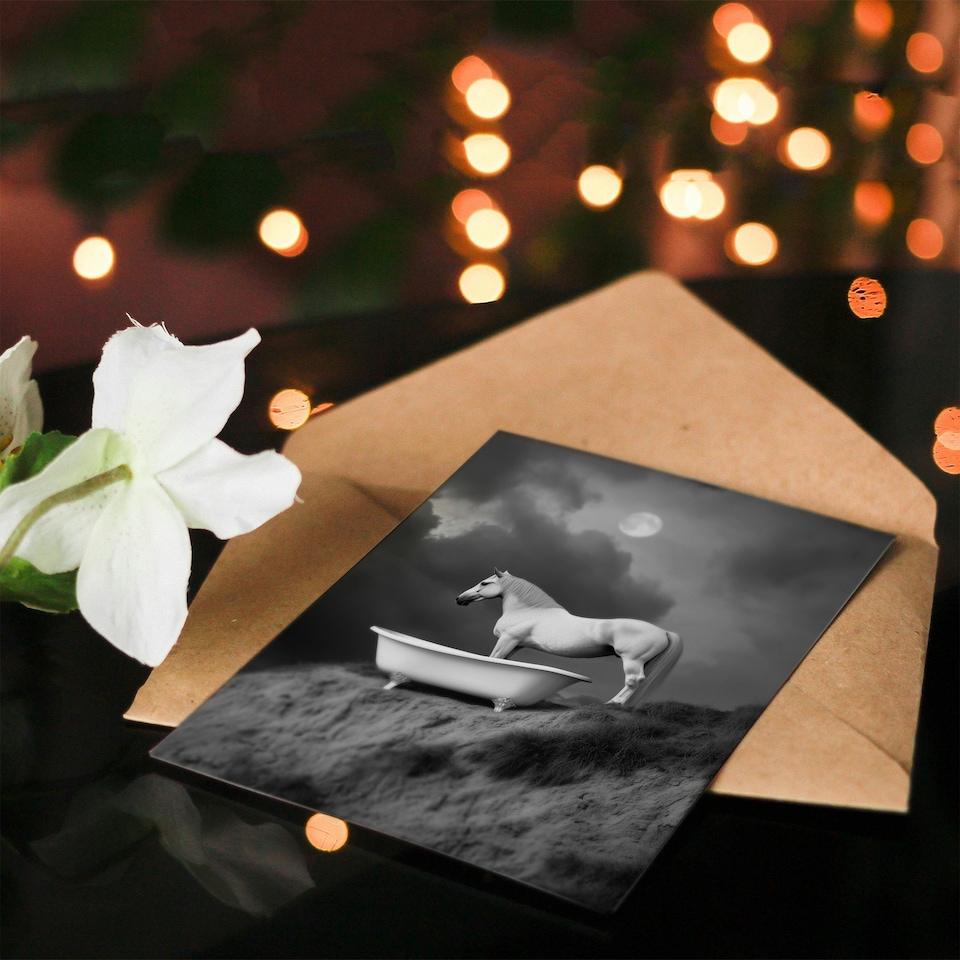 image 1 of Horse Bathtub Full Moon Cliff Surreal Black White Birthday Greeting Card