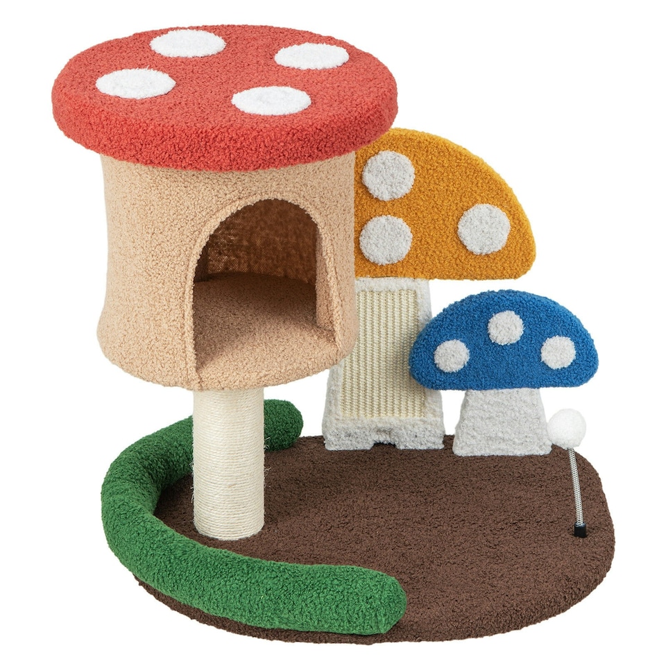 image 1 of COSTWAY Mushroom Cat Tree 4-In-1 Wooden Cat Activity Center