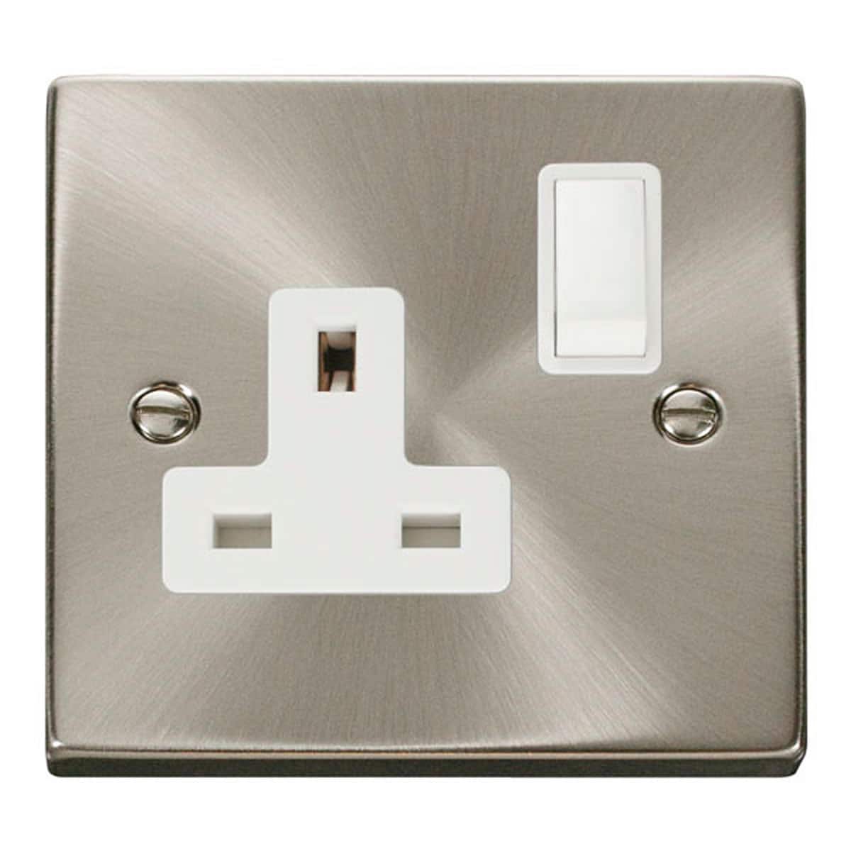 SE Home Satin / Brushed Chrome 1 Gang 13A DP Switched Plug Socket in Metallic Silver