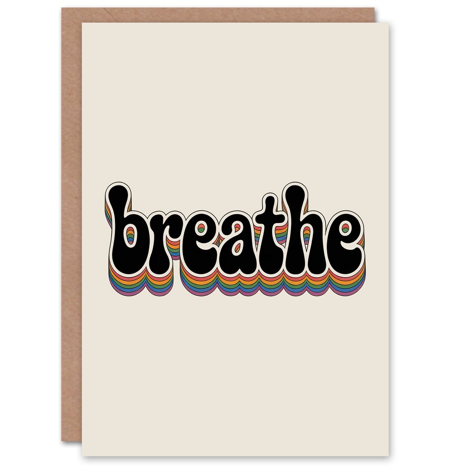 image 1 of Breathe Funky Retro Rainbow Typography Thinking Of You Greeting Card