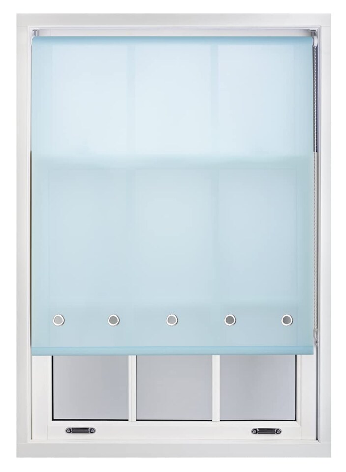 image 1 of FURNISHED Roller Blinds with Chrome Round Eyelets and Metal Fittings Cut to Size Sheer Window Shade | Blue | Duck Egg Blue | (W) 210cm x (L) 165cm
