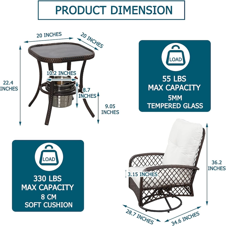 image 1 of 3 PCS Garden Furniture Set, Swivel Wicker Bistro Set with Ice Bucket Table, Upholstered Lounge Chair Set