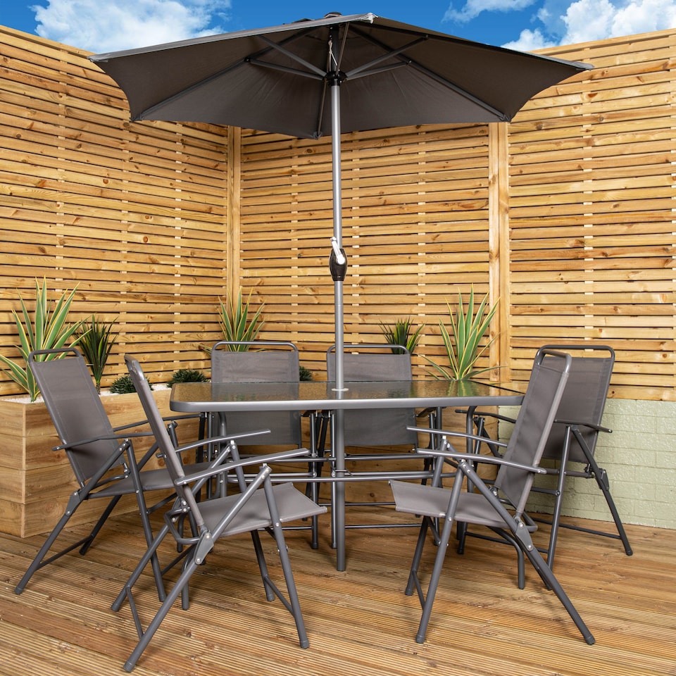 image 1 of Samuel Alexander Outdoor 6 Seater Glass Top Table and Chairs Patio Set with Parasol in Grey