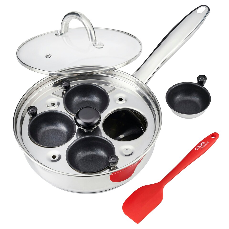 image 1 of Cooks Professional Stainless Steel Egg Poacher Pan and Silicon Spatula I 4 Nonstick Egg Poacher Cups I Glass Lid