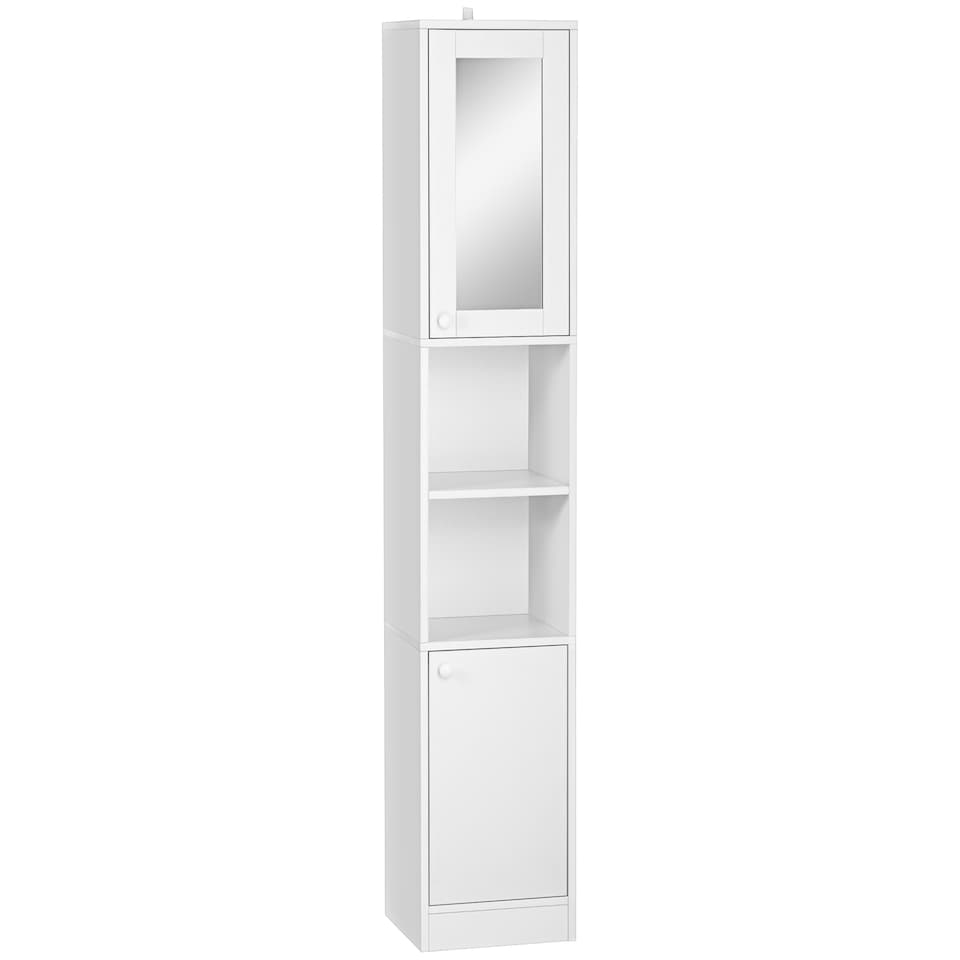image 1 of kleankin Tall Bathroom Storage Cabinet with Mirror, Narrow Bathroom Unit, Freestanding Bathroom Cupboard with Adjustable Shelves and 2 Doors, White